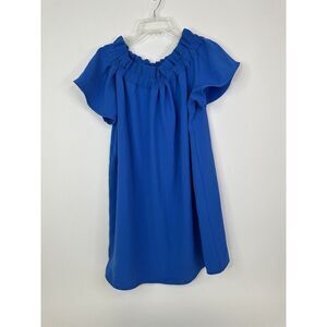 Pleione Dress Women's Medium Petite Short‎ Sleeve Off Shoulder Mini Blue